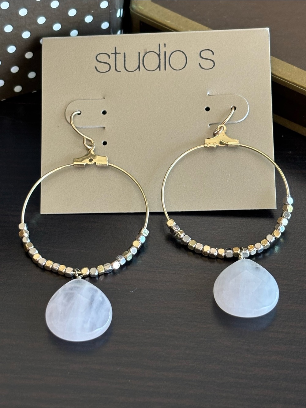 Gold Hoop Earrings with White Multifaceted Bead